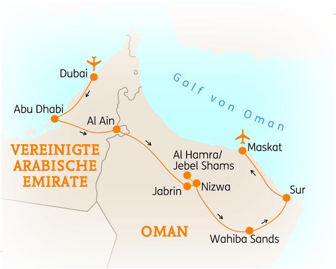Reiseroute der 11 Tage Oman & Arabische Emirate Reise
