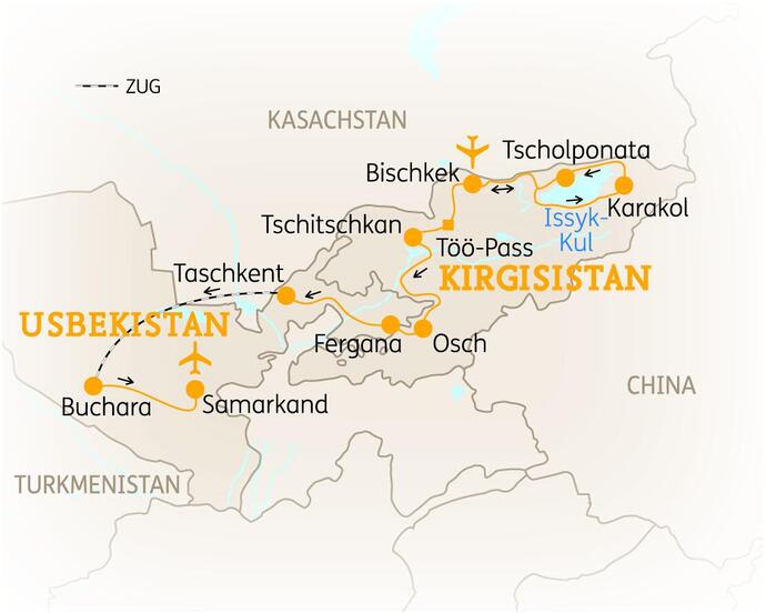 Reiseroute der 15 Tage Usbekistan & Kirgisistan Reise