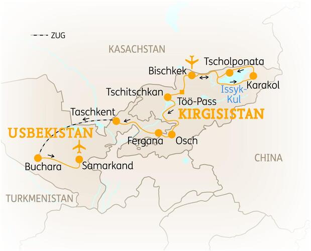 Reiseroute der 15 Tage Usbekistan & Kirgisistan Reise
