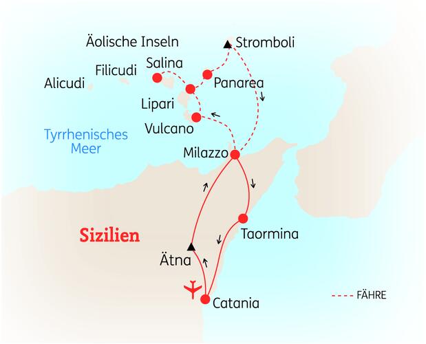 Reiseroute der 8 Tage Sizilien & Äolische Inseln Reise