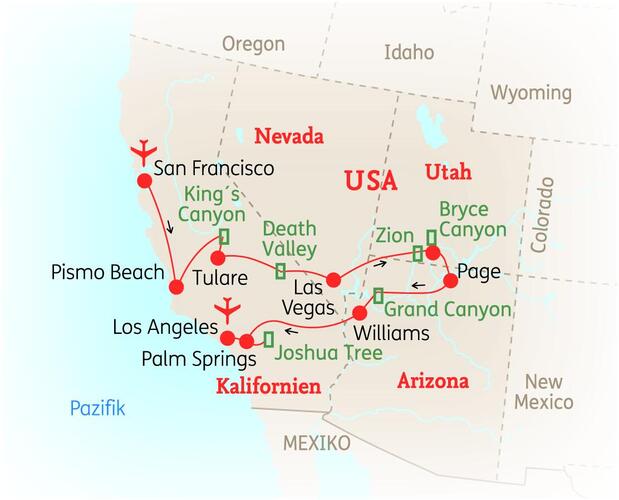 Reiseroute der 17-tägigen USA Rundreise 
