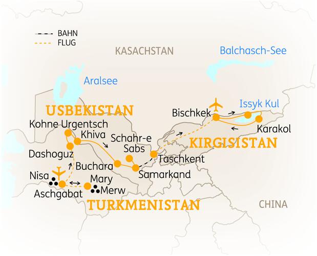 Reiseroute der 17 Tage Usbekistan, Turkmenistan & Kirgisistan Reise