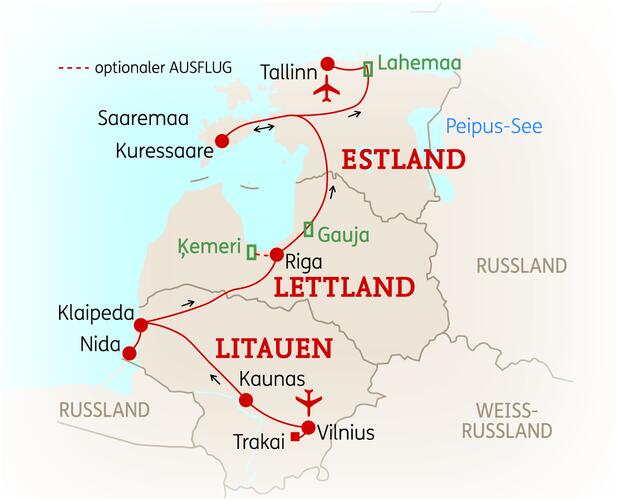 Reiseroute der 14 Tage Baltikum Reise