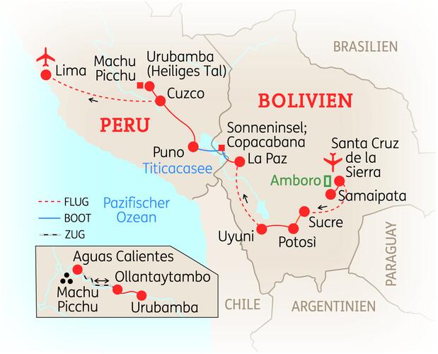 Reiseroute der 19 Tage Peru & Bolivien Reise