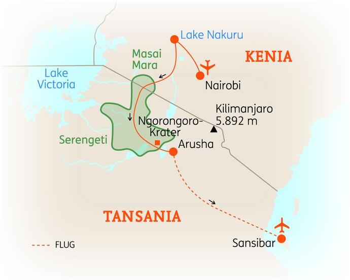Reiseroute der 15-tägigen Tansaniareise 