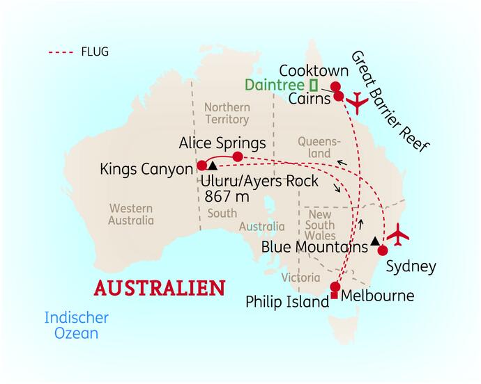 Reiseroute der 19 Tage Australien Reise