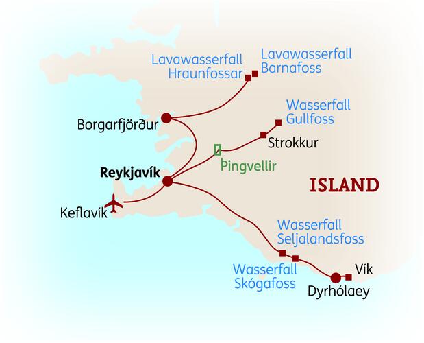 Reiseroute der 8 Tage Island Reise