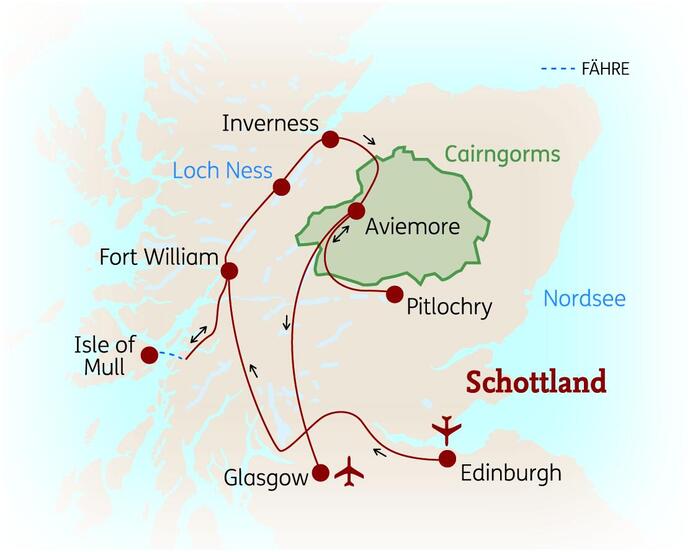Reiseroute der 10-tägigen Schottland Reise 