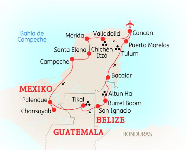Reiseroute der 16 Tage Mexiko, Guatemala & Belize Reise