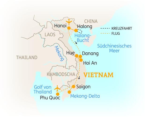 Reiseroute der 15-tägigen Vietnam Reise 