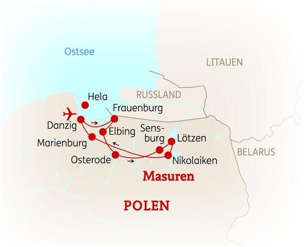 Reiseroute der 8 Tage Danzig & Masuren Reise