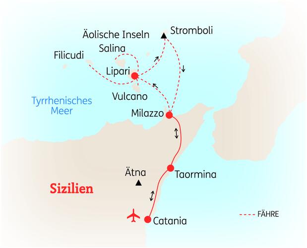 Reiseroute der 9 Tage Sizilien & Äolische Inseln Reise