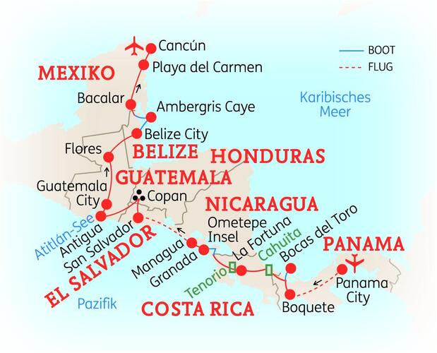 Reiseroute der 29-tägigen Mittelamerika Rundreise