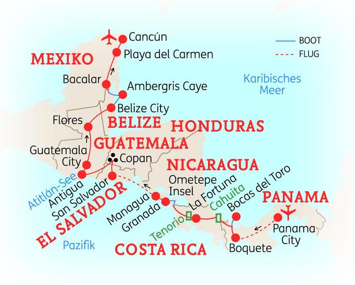 Reiseroute der 29-tägigen Mittelamerika Rundreise