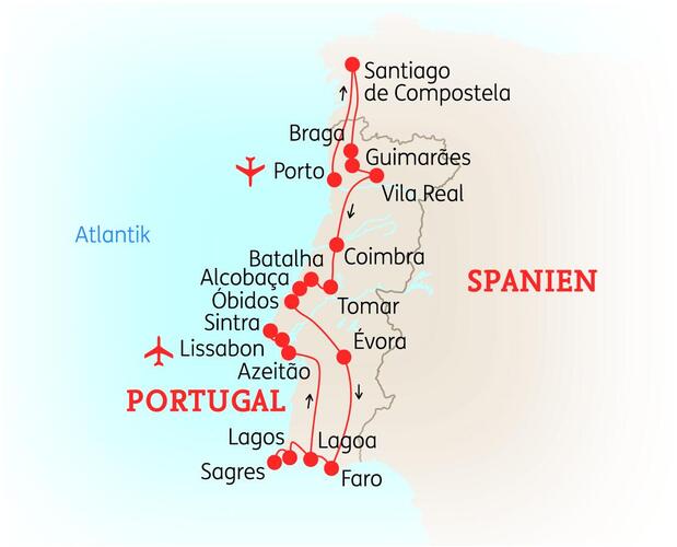 Reiseroute der 14-tägigen Portugal Rundreise 