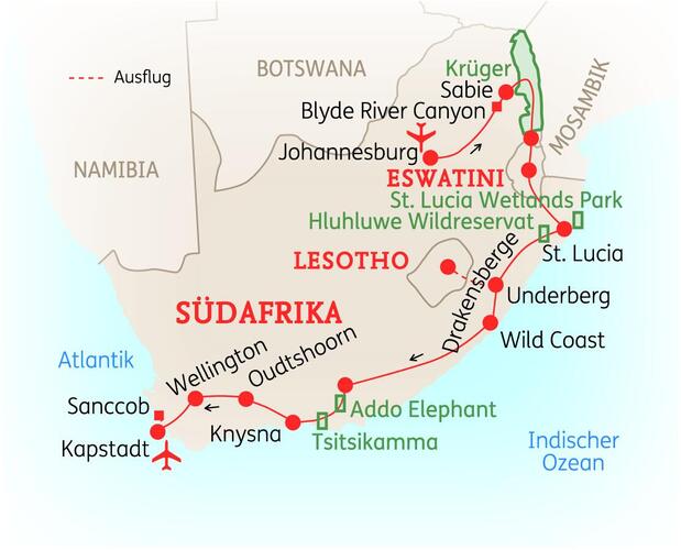 Reiseroute der 21 Tage Südafrika Reise