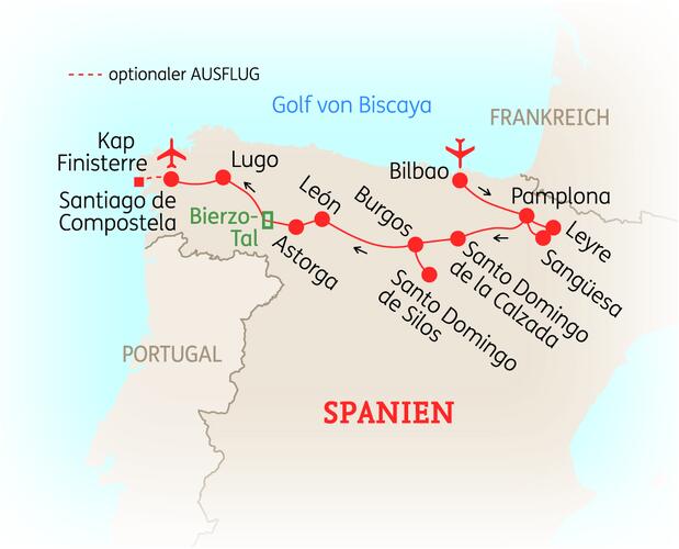 Reiseroute der 10 Tage Nordspanien Reise