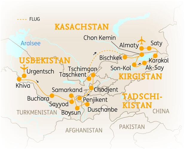 Reiseroute der 22 Tage Kombireise durch Usbekistan, Tadschikistan, Kirgisistan und Kasachstan 