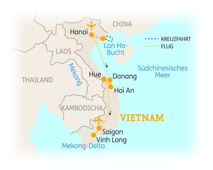 Reiseroute der 15-tägigen Vietnam Reise