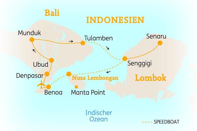 Reiseroute der 16 Tage Bali & Lombok / Indonesien Reise