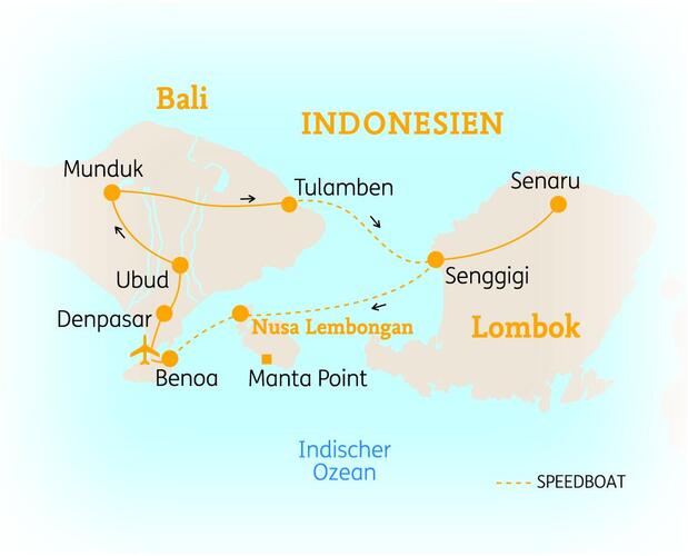Reiseroute der 16 Tage Bali & Lombok / Indonesien Reise