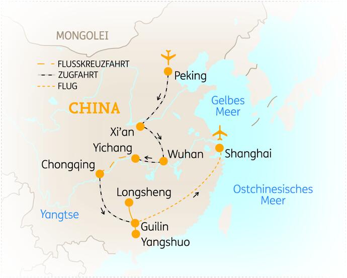 Reiseroute der 16 Tage China Reise