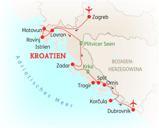 Reiseroute der 10 Tage Kroatien Reise