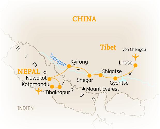 Reiseroute der 18 Tage Nepal & Tibet Reise