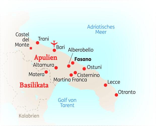 Reiseroute der 8 Tage Apulien Reise