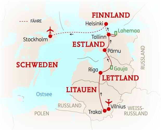 Reiseroute der 10 Tage Baltikum, Skandinavien, Schweden & Finnland Reise