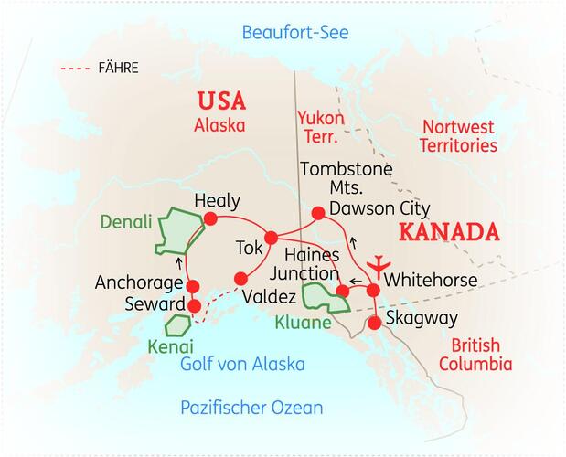 Reiseroute der 16-Tage Alaska & Yukon Rundreise