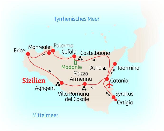 Reiseroute der 8 Tage Sizilien Reise
