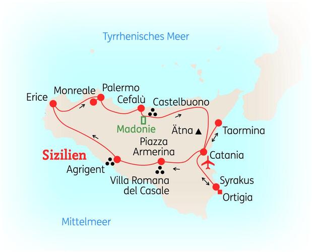 Reiseroute der 8 Tage Sizilien Reise