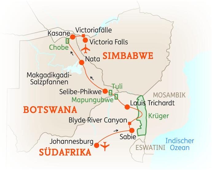 Reiseroute der 16-tägigen Südafrika & Botswana Reise