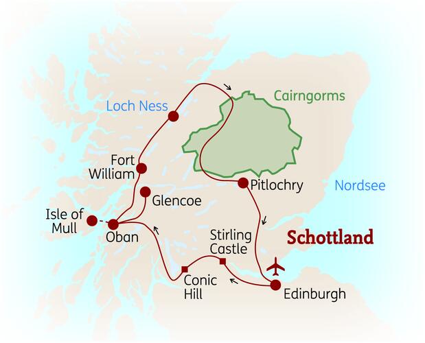 Reiseroute der 10 Tage Schottland Reise
