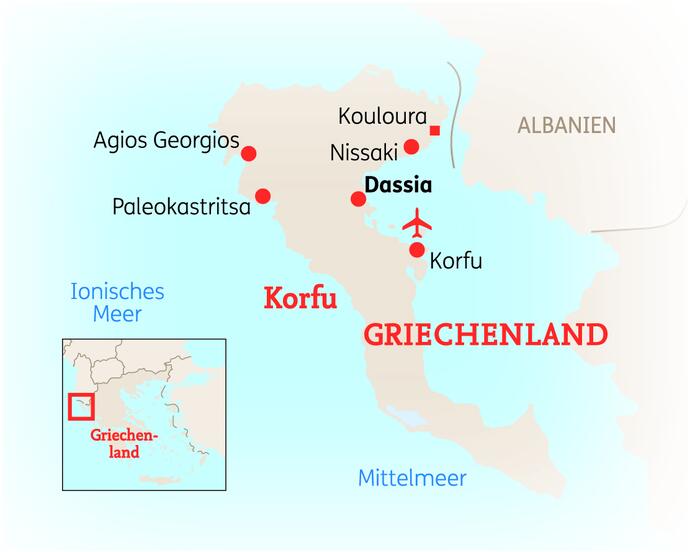 Reiseroute der 8 Tage Korfu Reise