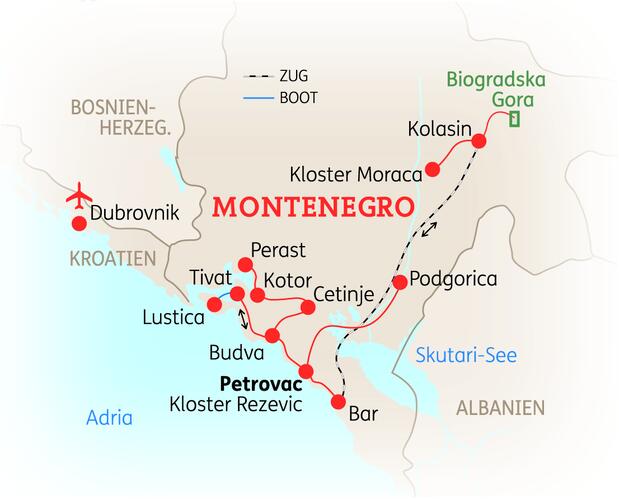 Reiseroute der 8 Tage Montenegro Reise