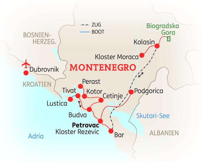 Reiseroute der 8 Tage Montenegro Reise