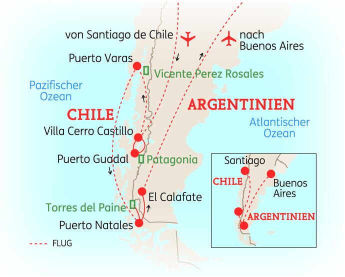 Karte der 19-tägigen Patagonien-Reise