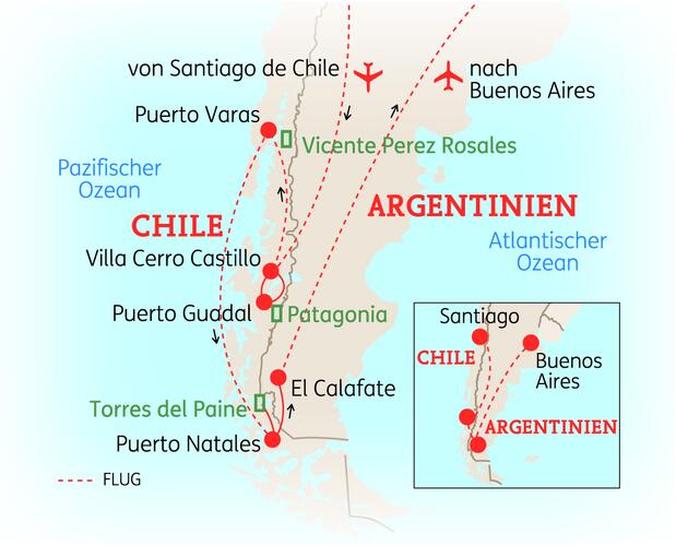 Karte der 19-tägigen Patagonien-Reise