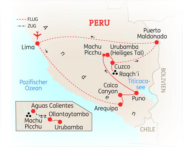 Karte der 18-tägigen Rundreise durch Peru