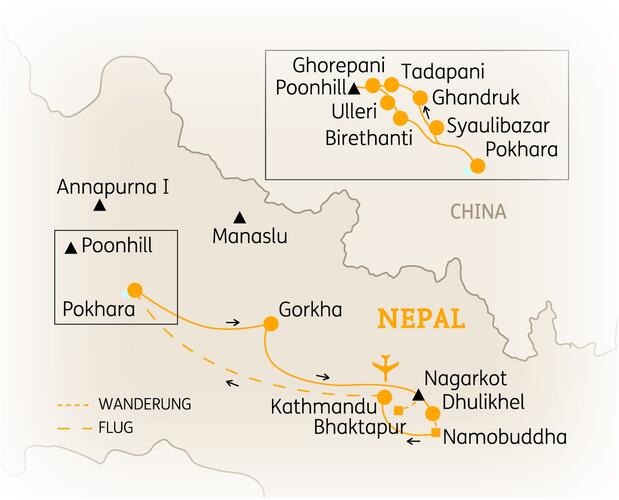 Reiseroute der 15 Tage Nepal Reise