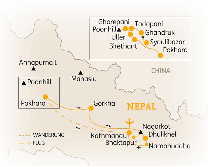 Reiseroute der 15 Tage Nepal Reise