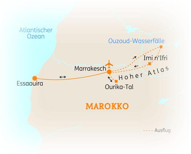 Reiseroute der 8 Tage Marokko Reise