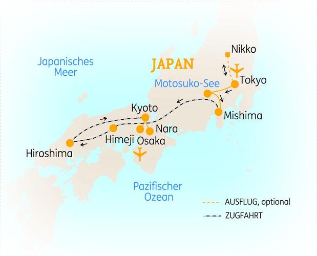Reiseroute der 11 Tage Japan Reise