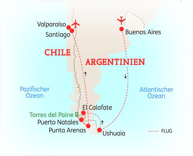 Reiseroute der 15 bis 16 Tage Argentinien & Chile Reise