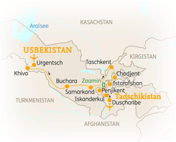 Reiseroute der 15 Tage Usbekistan & Tadschikistan Reise