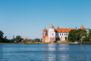 Blick über See auf Schloss Mir