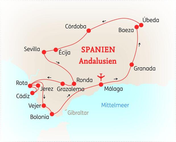 Reiseroute der 11-tägigen Andalusien Reise 