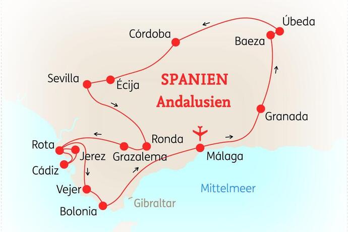 Reiseroute der 11-tägigen Andalusien Reise 